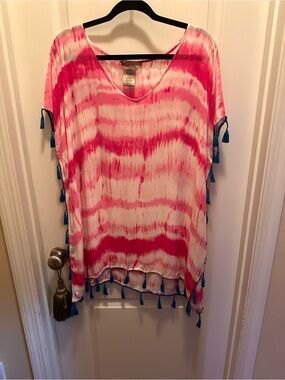 Women's Pink & White Tie-Dye V-Neck Tassel Tunic Top